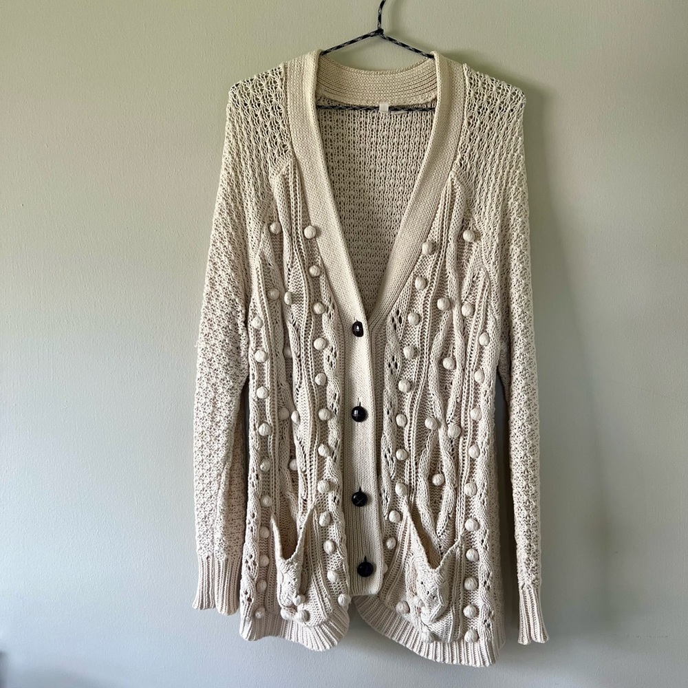 Anthropologie Moth Doolin Pom Chunky Cable Knit Grandpa Cardigan